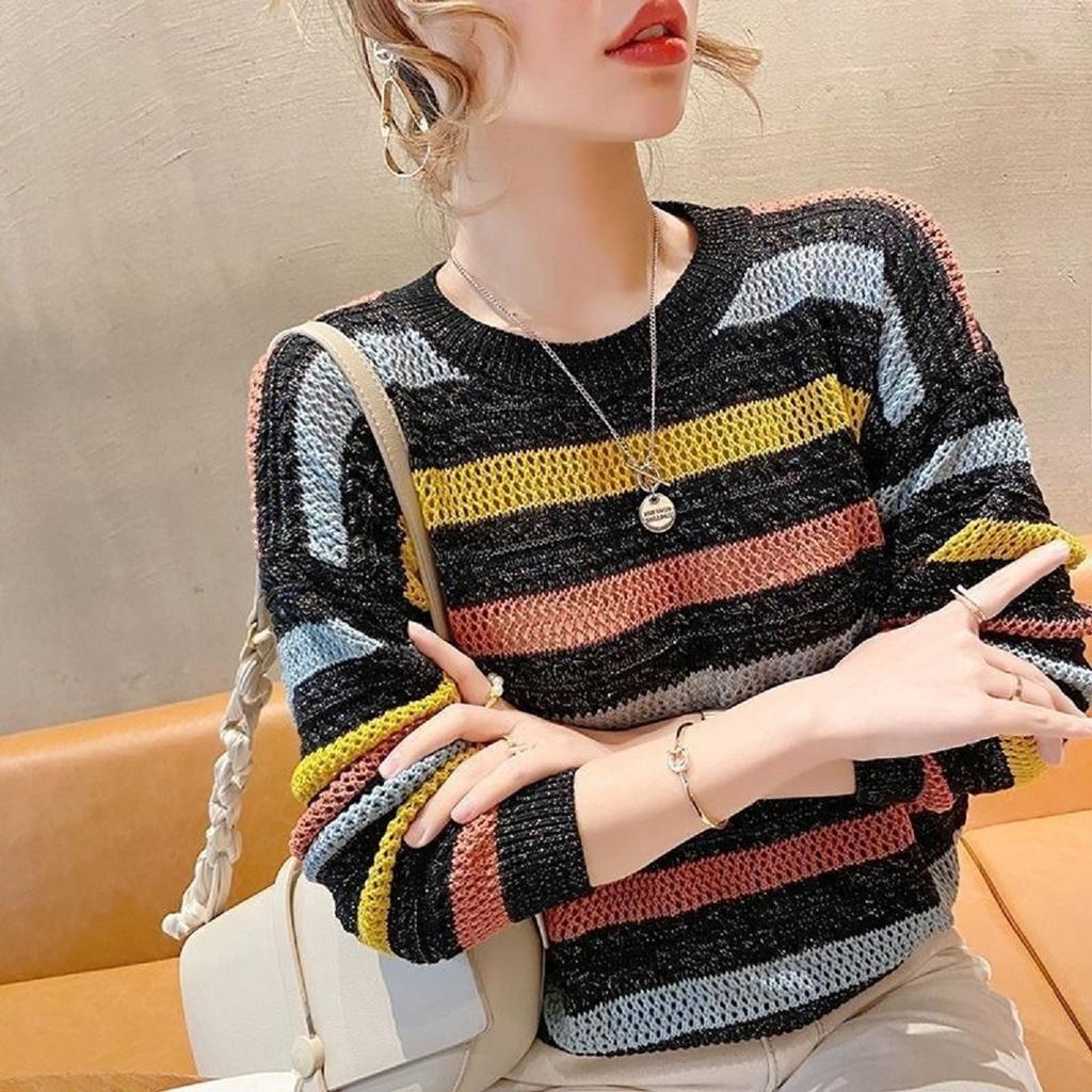 Women Sweater Loose Korean Fashion Knitted Autumn Spring Jumper Striped Hollow Out Streetwear Round Neck Female Clothing