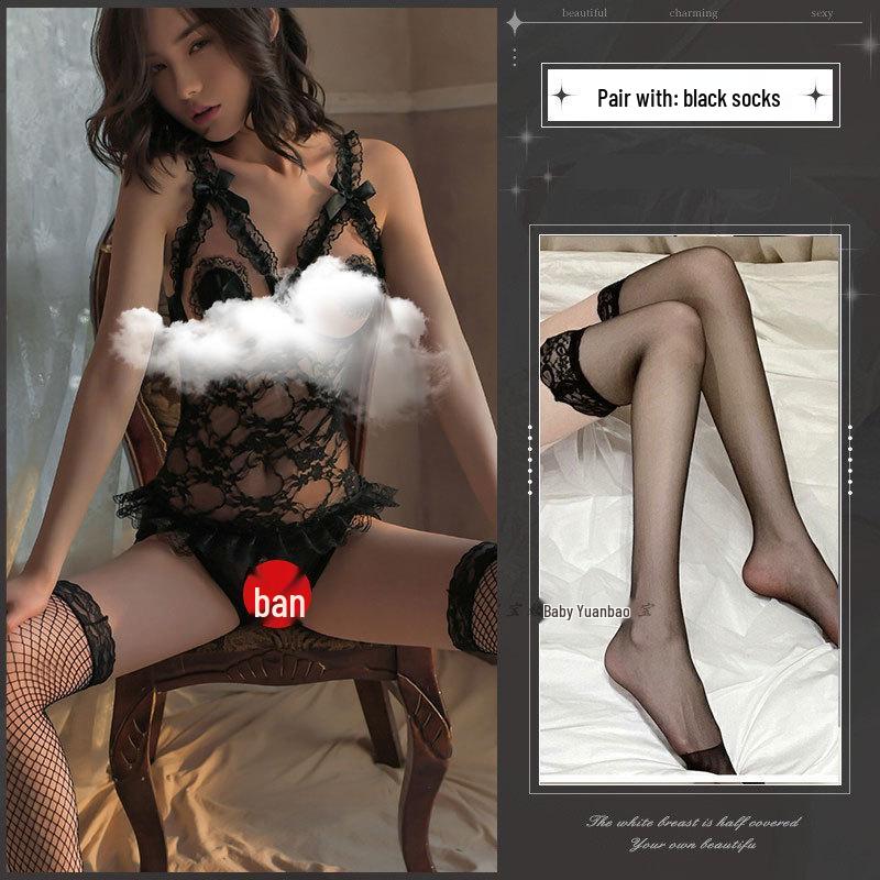 Plus Size Lace Suspender Lingerie: Sheer Temptation Open Crotch Nightgown