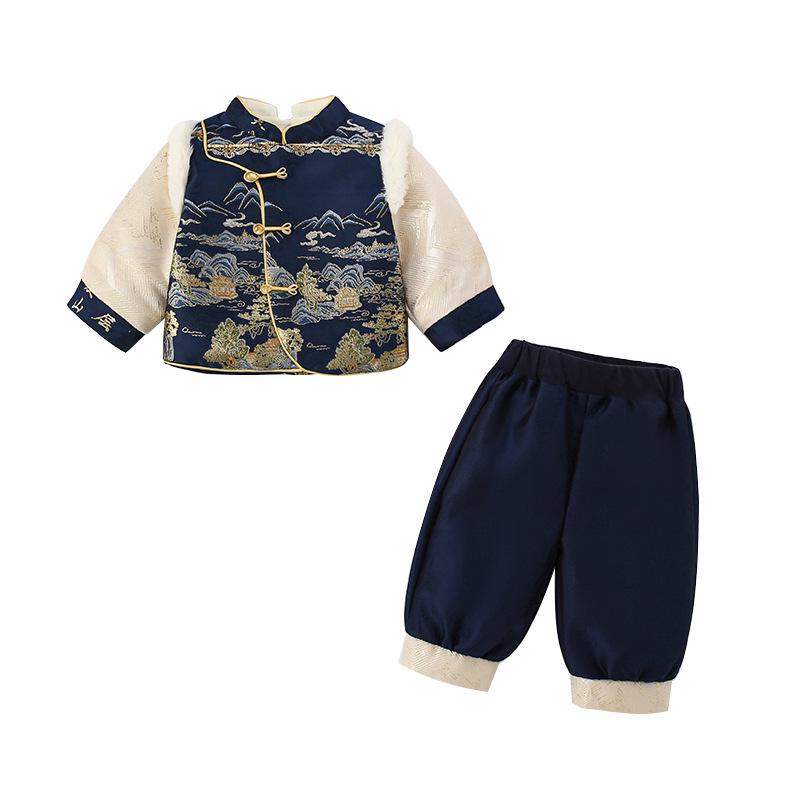 New Boys' Fleece-Lined Tang Suit Three-Piece Set for Autumn & Winter: Chinese Style Baby Outfit.