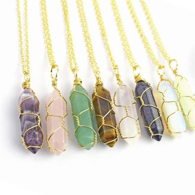 Natural Stone Necklaces Bullet Pink Crystal Wire Wrap Pendant Necklace Hexagonal Column Quartz Choker Women Jewelry Gifts