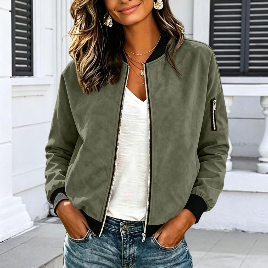 Giacca da Donna Casual in Scamosciato con Zip Leggera Stile Bomber Manica Lunga Capospalla con Polsini e Orlo a Coste per l'Uso Quotidiano