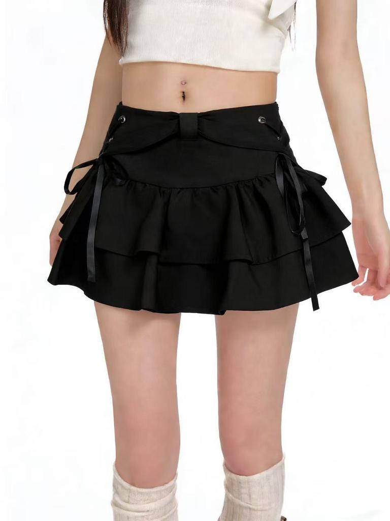 Y2K Black Lace-Up Pleated A-Line Mini Skirt for Women - Spring Sweet Spicy Petite Skort Design
