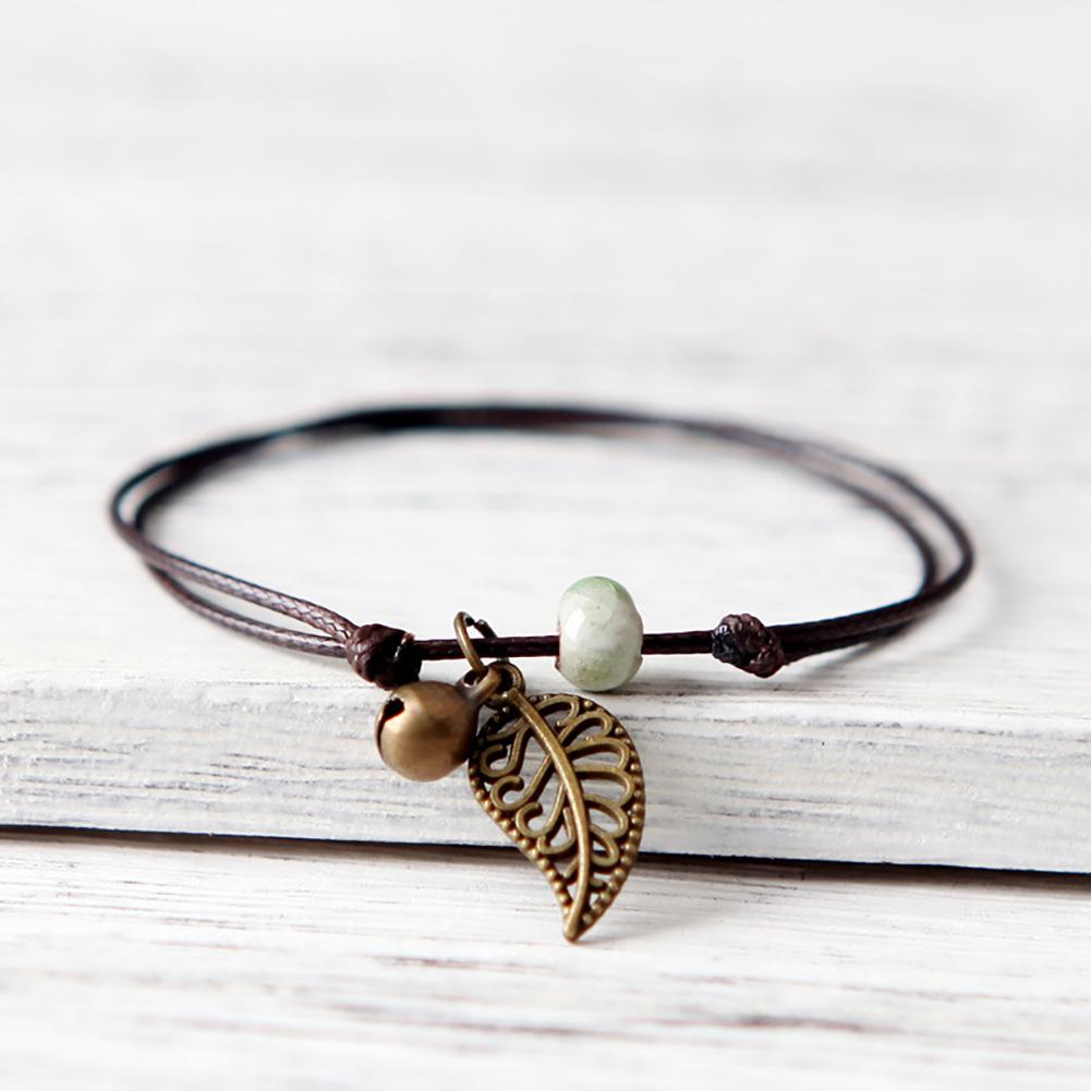 Ceramic Beaded Bracelet Bangle Rope Chain Vintage Leaf Pendant Couple Jewelry
