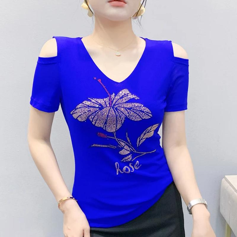 

Летние сексуальные топы с открытыми плечами Новые женские футболки с коротким рукавом и облегающего кроя Шикарная блузка с цветочным принтом и горячими бриллиантами 3XL синий