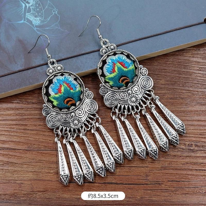 Vintage embroidery earrings hairpin classical temperament Miao peacock flower fringed earrings hair accessories set women