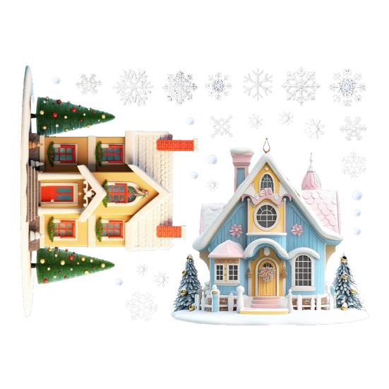 Christmas Double House Window Cling Removable Waterproof PVC Merry Christmas Winter Cabin Static Glass Sticker Holiday Party Decoration Decal