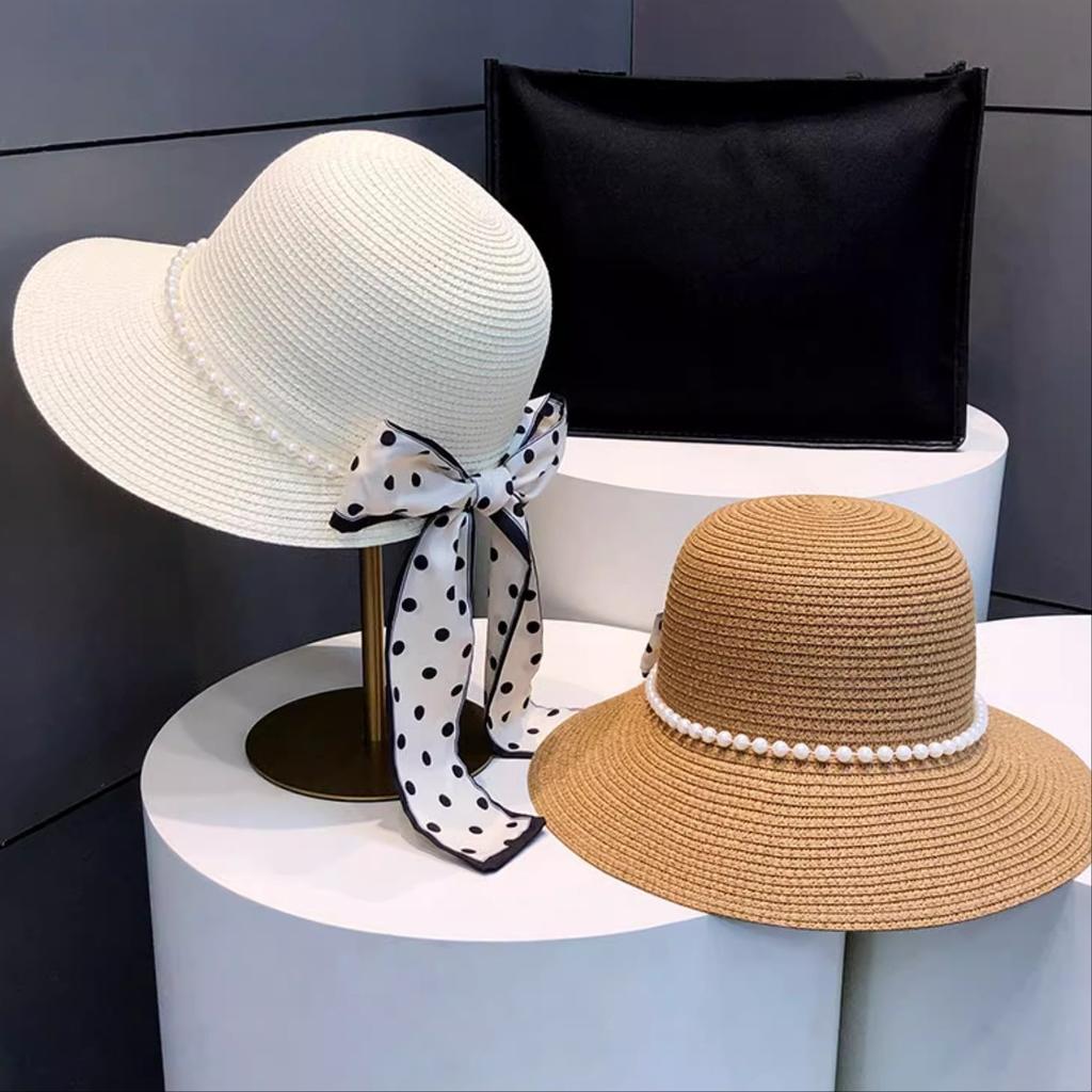 Elegant Pearl Bowknot Sun Hat for Women - Wide Brim, UV Protection Straw Bucket Cap with Chic French Style Design