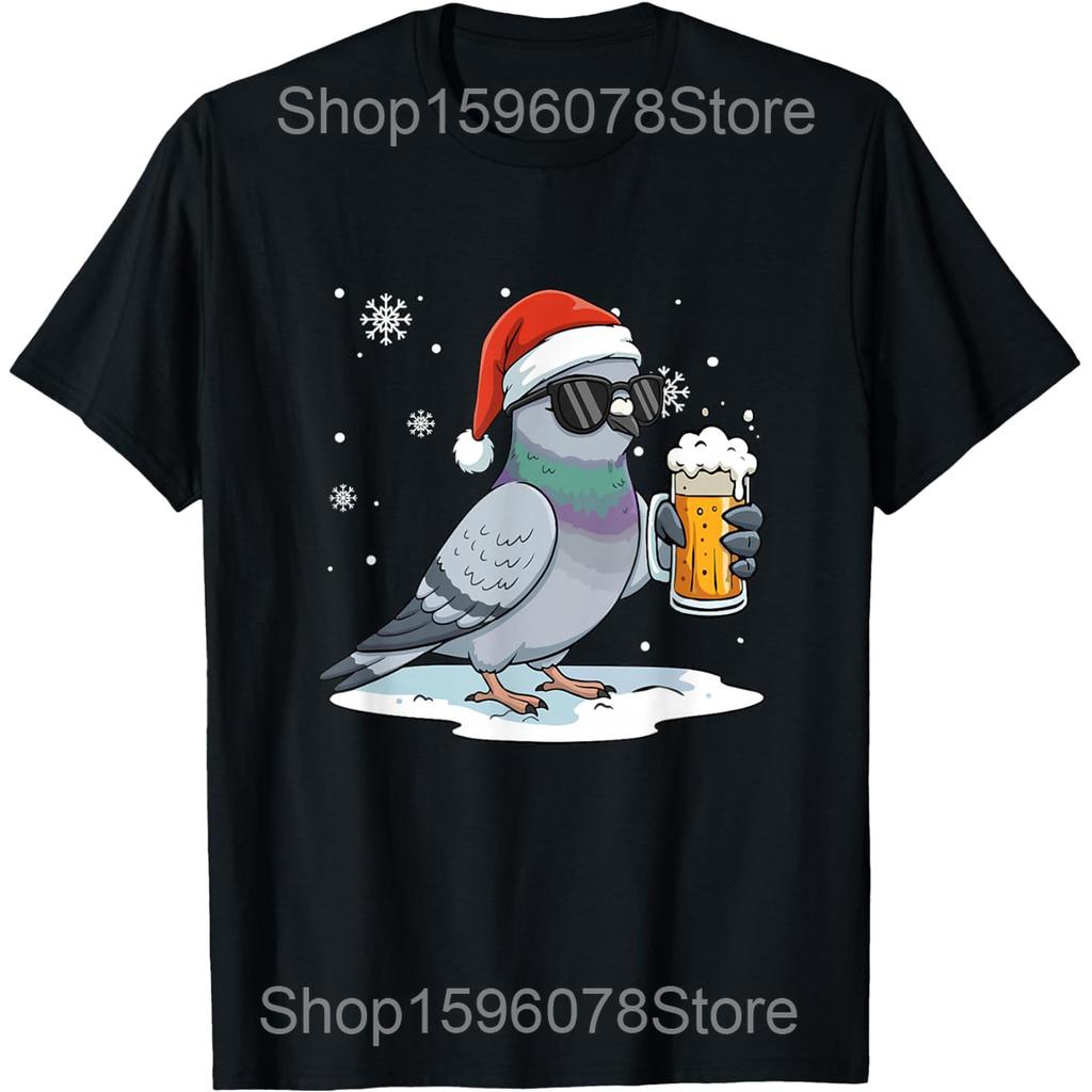 Pigeon Lover Christmas Wearing Santa Xmas T Shirt Men Cotton Humor Streetwear Tee Shirt Short Sleeve Unisex Loose Clothing