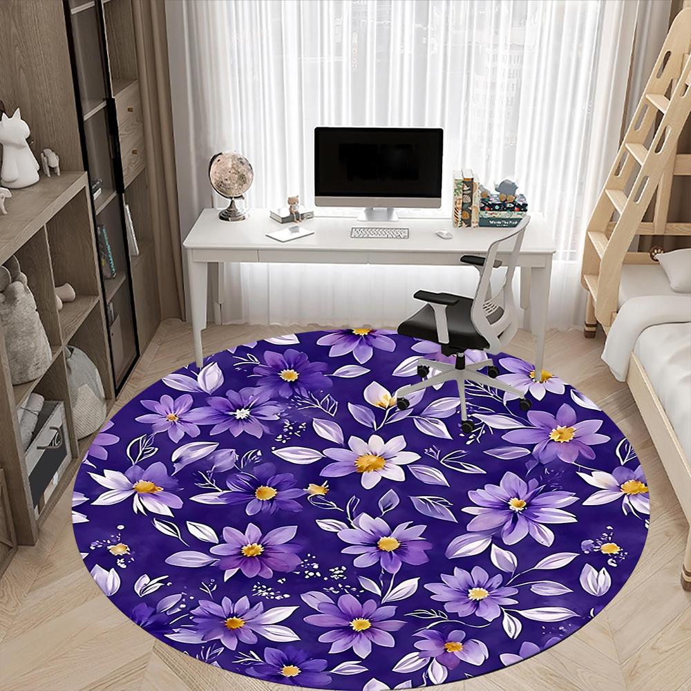 1pc Purple Floral Print Chair Carpet for Office, Round Non Slip Durable Large Size Office Carpet, Suitable for Office