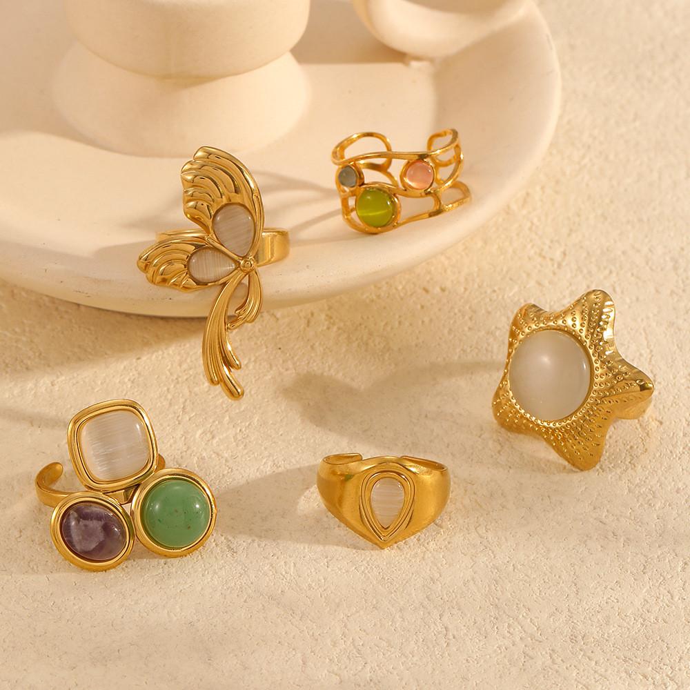 French Vintage Natural Stone Titanium Steel Ring For Women With Cat Eye Effect And Geometric Design