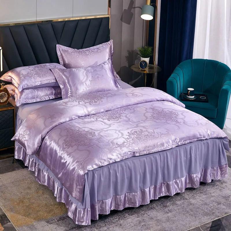 4 stk/sett Europeisk Jacquard Sengeskjørt Sengetøysett Fire Sesonger Laken Dynetrekk Sommer Issilke Dobbeltseng Bryllup Lett Luksus Fire Deler Sett