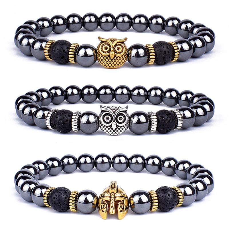 

Винтажные растягивающиеся браслеты с гематитом и совой, мужские браслеты с короной из лавового камня, воином, головой льва, женские ювелирные изделия дружбы, подарок