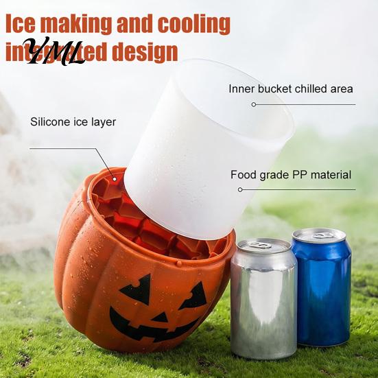 Silicone Ice Cube Mold Halloween Bucket Mold, Pumpkin Ghost Tray with Drain Basket, 2 Party Drink Accessories In 1 Freezer Cooler for Drinks