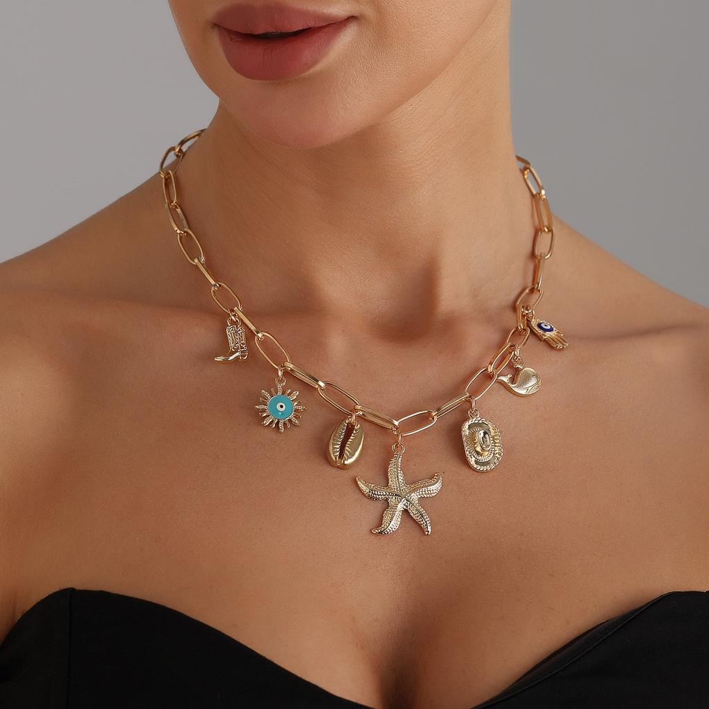 Collana elemento marino con conchiglia di stella marina stile bohémien retrò personalità creativa girocollo