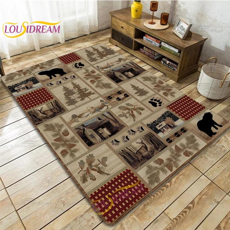 Country Style Farmhouse Lodge Bear Moose Deer Soft Rug Square Flannel Home Rug Vintage Home Living Room Floor Mats Bedroom Rug