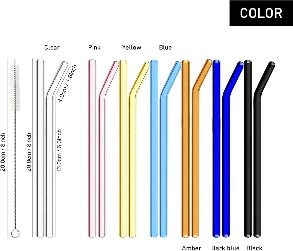 15 Pack Reusable Glass Straws, 8inch X 8mm Drinking Straws Travel Set, Include 12 Straws, 2 Cleaning Brush, 1 Bag, For Smoothies, Beverages, Juice