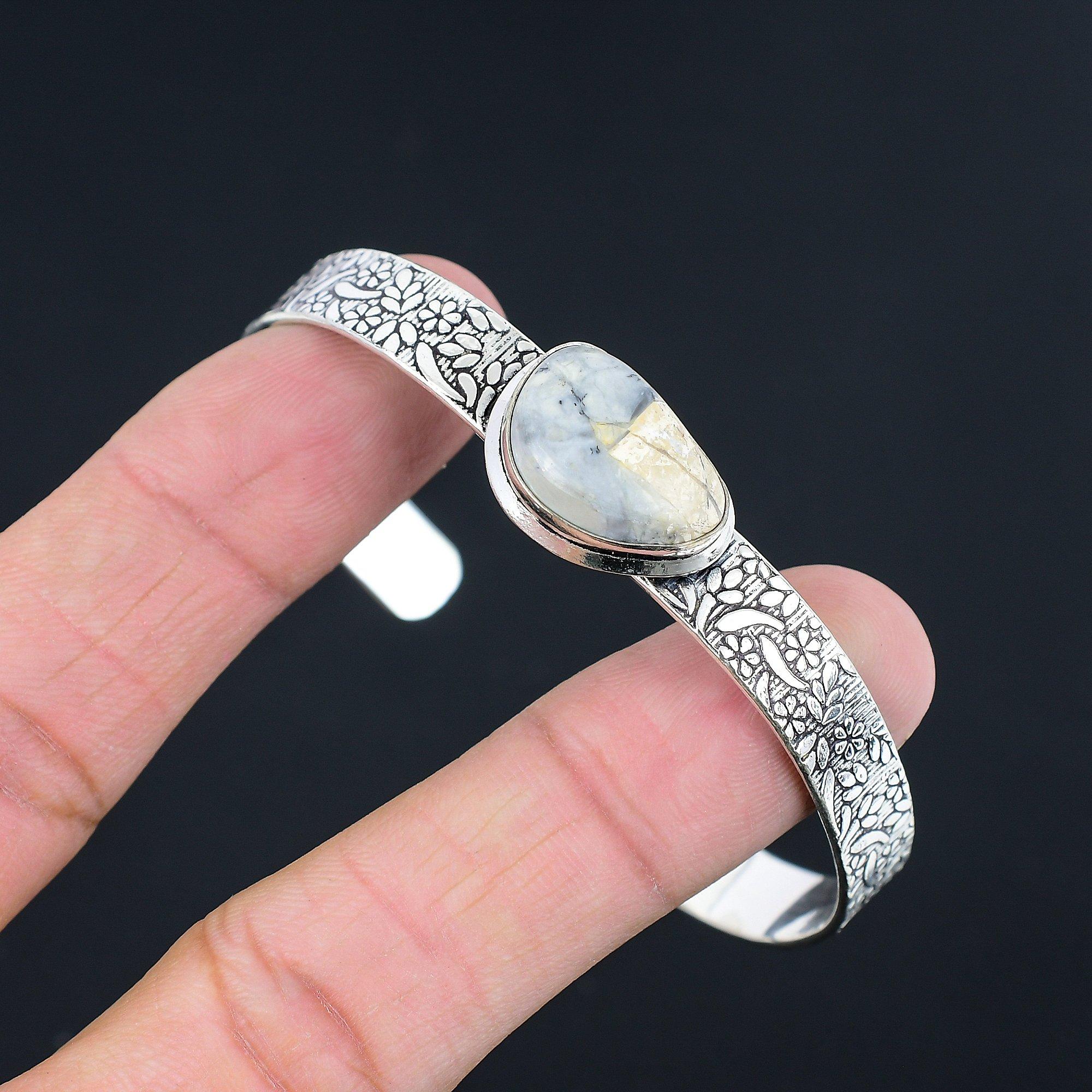 

Sterling Silver Natural Maligano Jasper Elegant Art Deco Boho Bangle Bracelet Adjustable