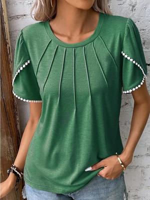 Women's Casual Short Sleeved Round Neck Lace T-shirt Solid Color Pleated Summer Top