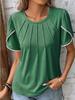 Women's Casual Short Sleeved Round Neck Lace T-shirt Solid Color Pleated Summer Top