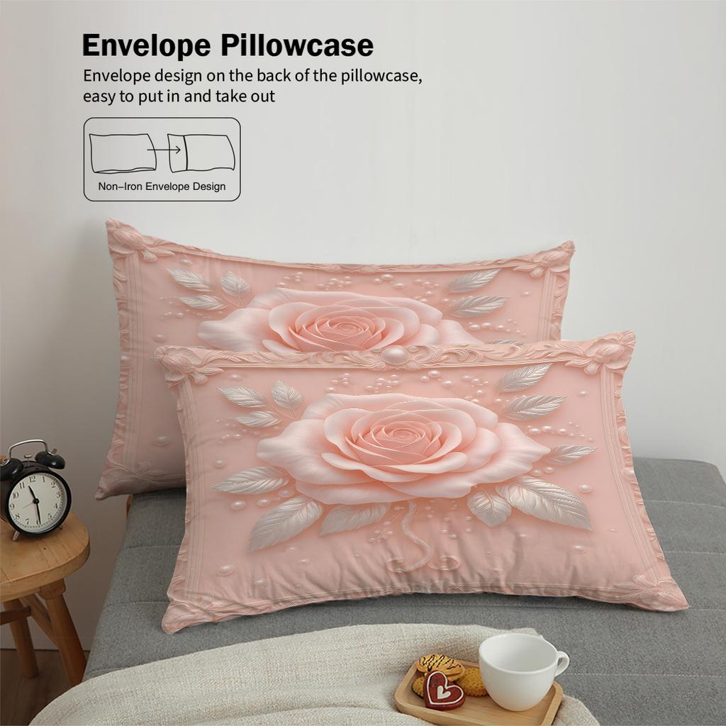 3pc Imitation 3D Pink Rose Print Coreless Bedding Set Soft and Comfortable Bedroom Dormitory Multiple Sizes Machine Washable