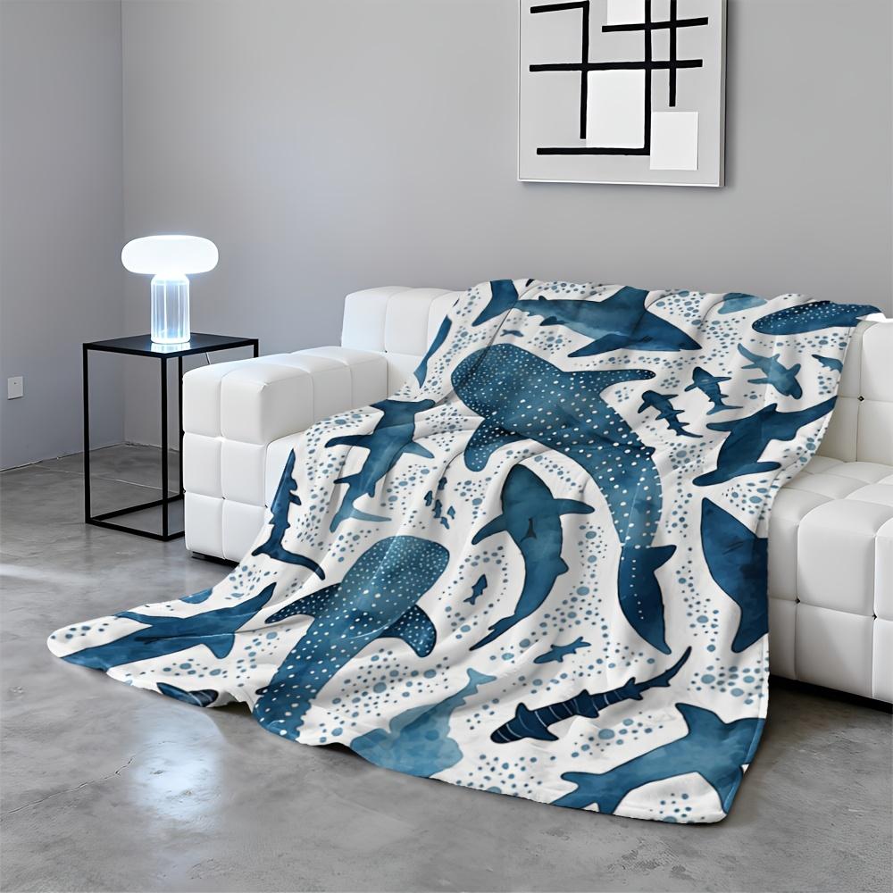 1pc of Soft, Skin-friendly, Warm Blue and White Whale Shark Watercolor Pattern Blanket, Machine Washable and Easy to Clean, Doub