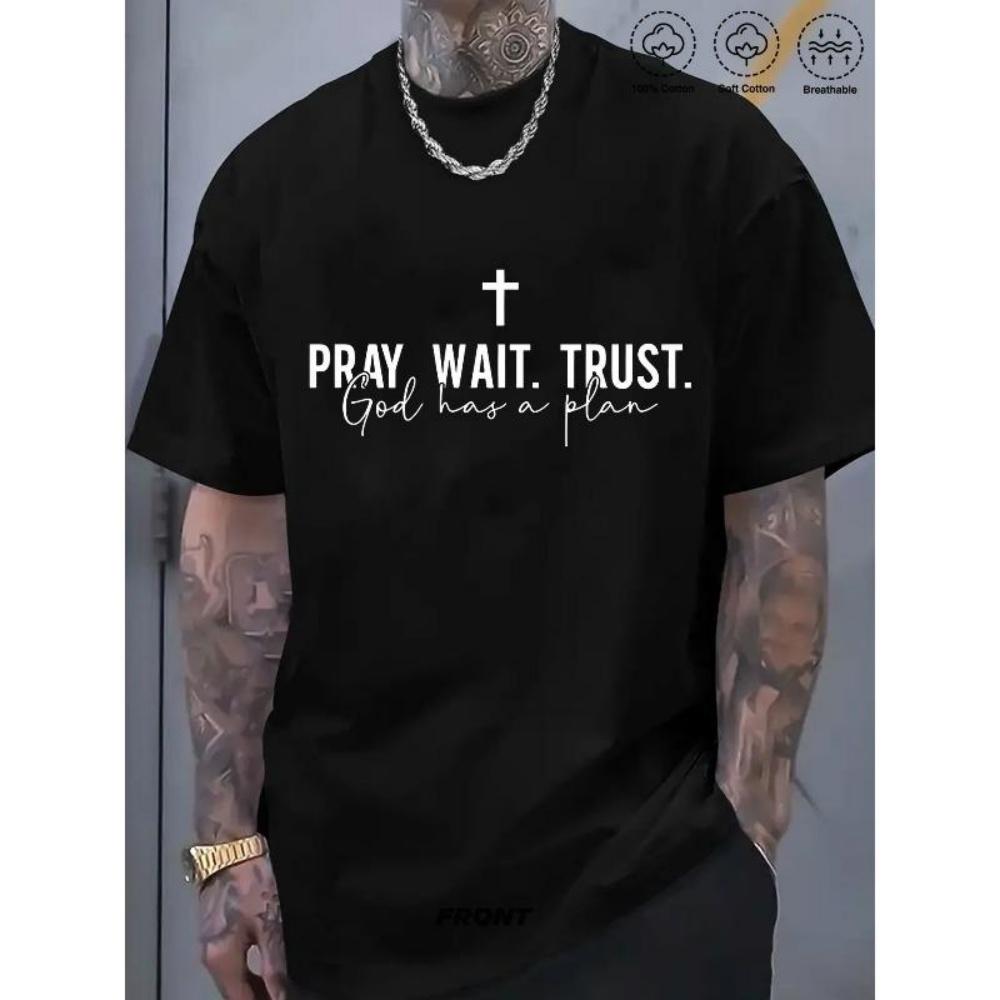 

European Sizes Plus Size Men s Faith T-Shirt _Pray Wait Trust God Has a Plan_ Cross Print Short Sleeve Casual Religious Message Shirt, Black S чёрный
