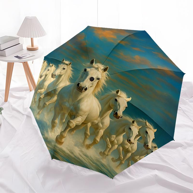 Elegant White Horse Stamp Design Automatic Opening/Closing Umbrella with Foldable Design, , Travelers, Daily Use - Perfect Gift for All Occa
