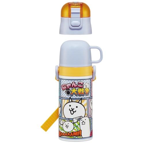 Skater Kids' Stainless Steel Water Bottle, 2-Way Design, 420ml (Direct Drinking) or 350ml (Cup Drinking), The Battle Cats 23 Design, Kid-Friendly, Lig