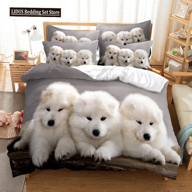 Cat And Dog Duvet Cover Set 3d Printing Cute Animal Theme Comforter Cover King Queen Size For Kid Boy Girl Polyester Bedding Set