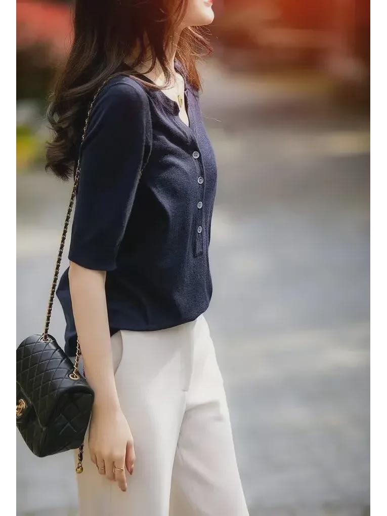 Women's Mid-Sleeve V-Neck Knitted Sweater - Versatile Slim Fit Button-Down Top