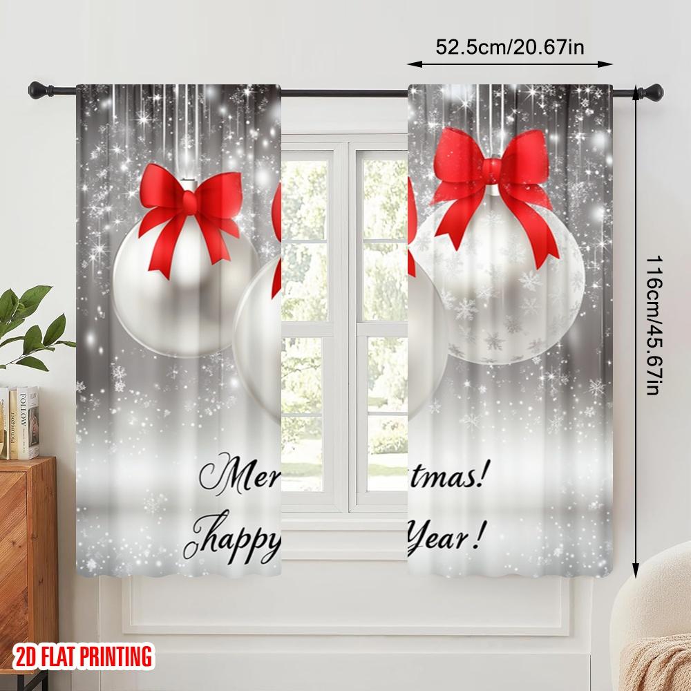 2pcs,2D Plane Printing Minimalist Curtains Christmas Baubles Red Bows (3) Polyester (without Rod) Gifts Use for Bedroom, Living