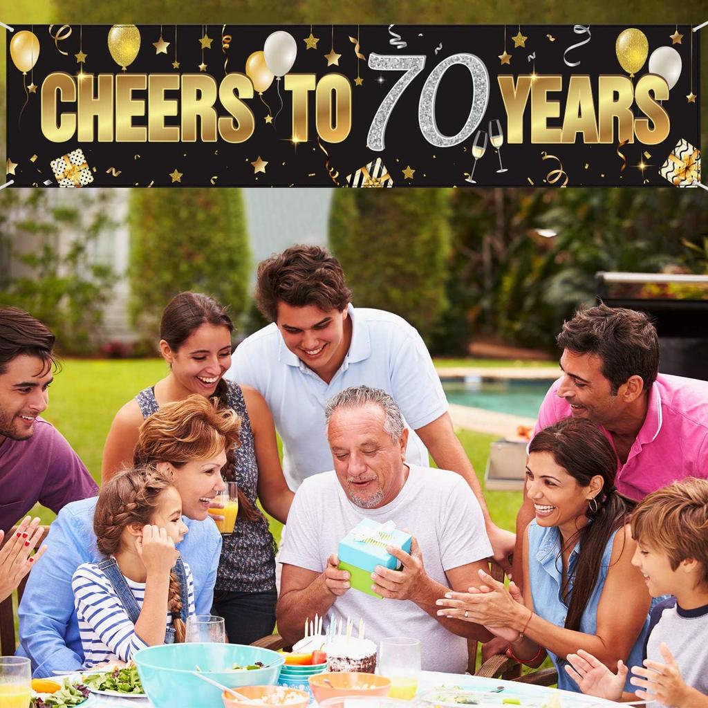 Boao Happy 70th Birthday Banner for Men Women Sign 70 Years Black Gold Glitter Birthday Sign Banner Party Decoration Supplies Anniversary Celebration