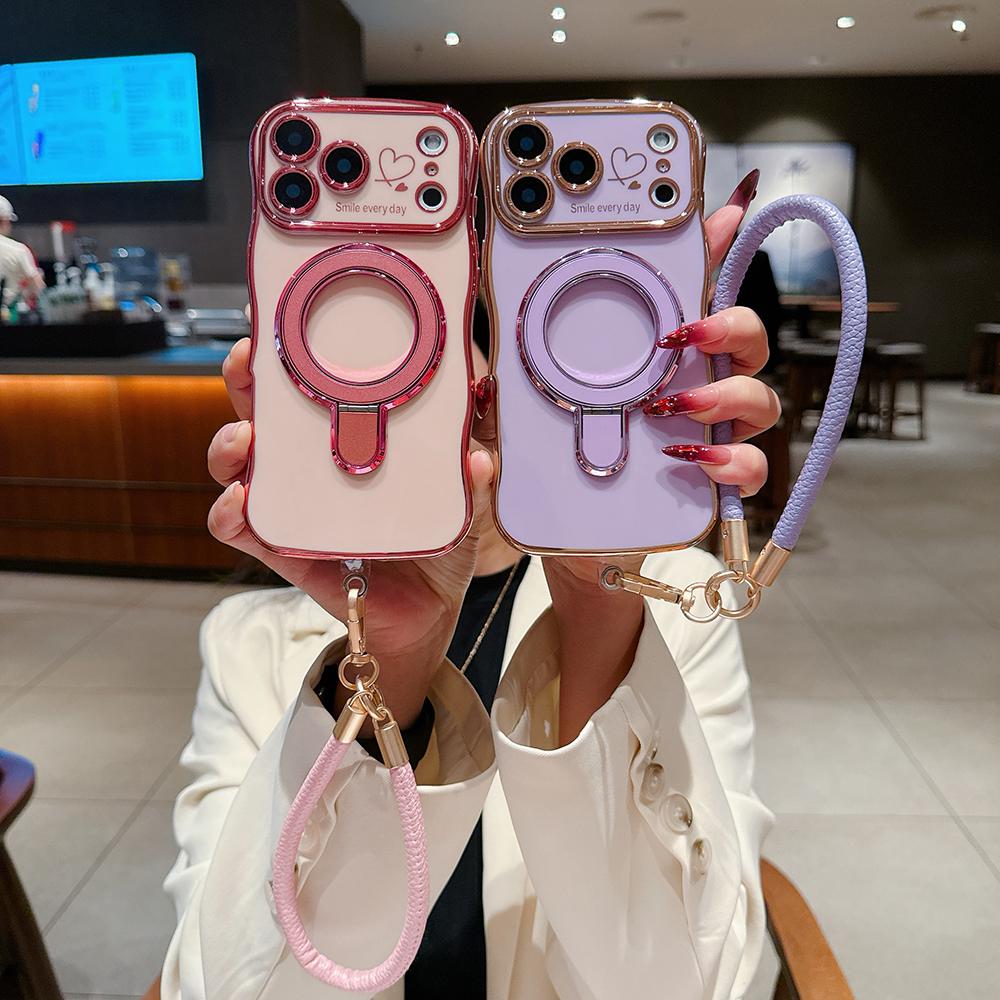 Wavy Frame Wrist Strap Phone Case for iPhone 17 Air 16 15 14 13 12 11 Pro Max Plus Silicone Soft Protective Cover Magnetic Stand