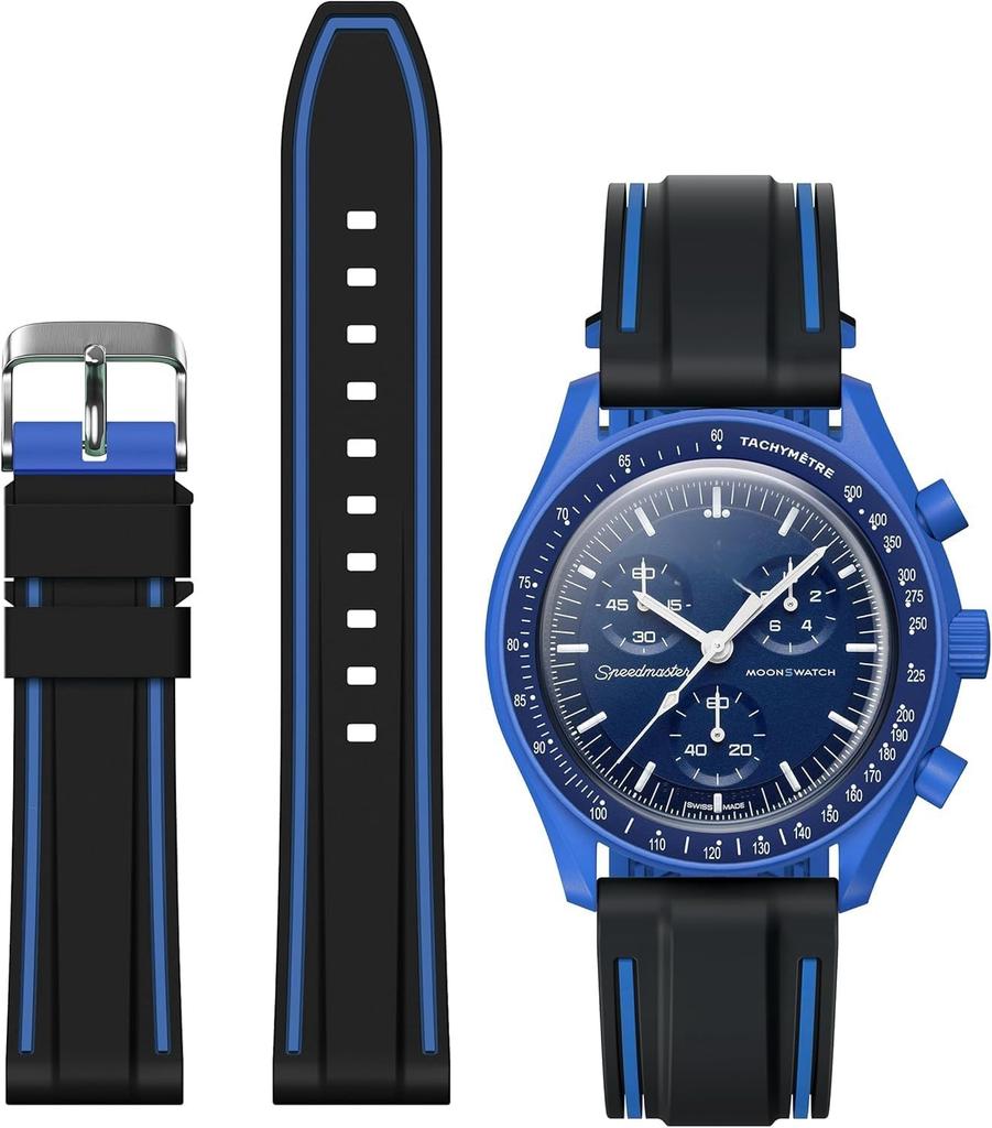 Jumpsunfun 20mm Watch Band for Swatch X OMEGA Speedmaster Silicone Watch Strap with Quick Release Replacement Black and Blue Lines MoonSwatch, Tool,