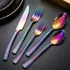 Gold-Plated Hammer Pattern Cutlery Set - 5-Piece Square Handle Stainless Steel Knife, Fork & Spoon Set