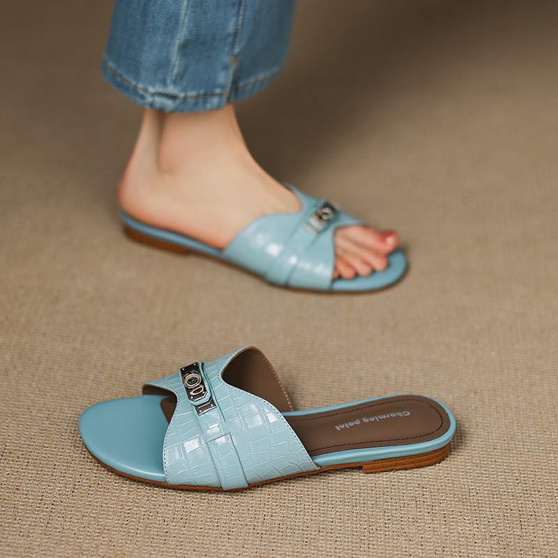 Krazing Pot Cow Skin Mules Summer Size 42 Low Heels Luxury Shoes Metal Decoration Women Superstar Women Peep Toe Slip on Sandals