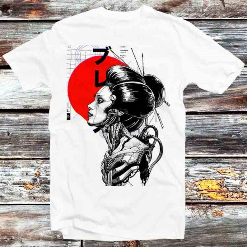 

230 Gsm 100% Cotton Japanese Robot Geisha T Shirt Vintage Retro Cool Gift Mens Womens Unisex Cartoon Anime Top Tee B403 XXS білий