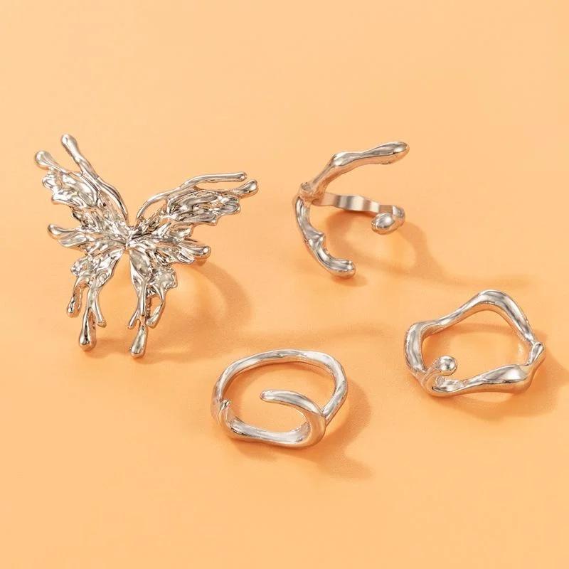 Fashion Niche Geometric Butterfly Ring Set for Women Irregular Wave Metal Finger Decoration for Girls High-end Jewelry Gifts