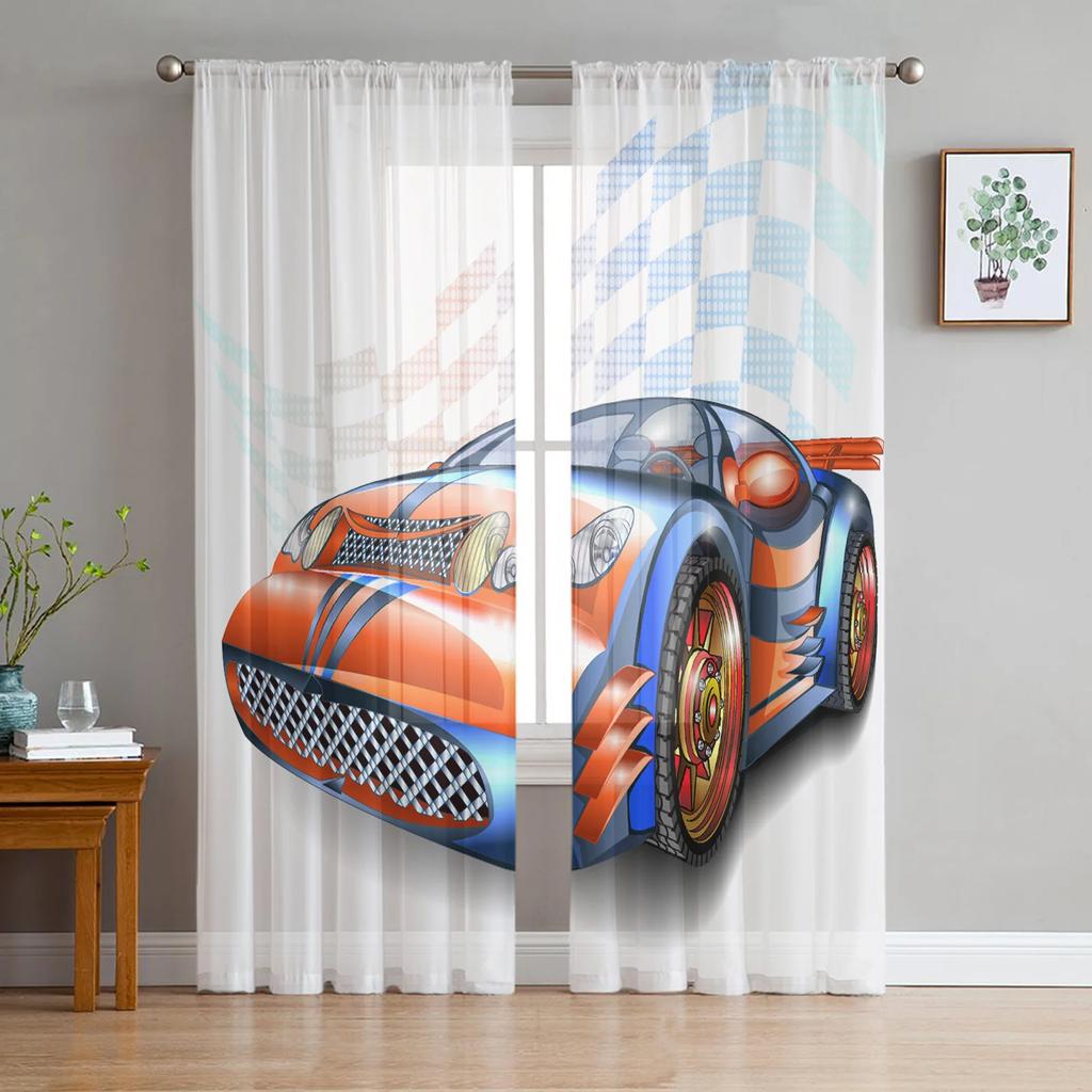 Truck Car Cartoon Voile Curtains Window Treatment Kitchen Living Room Bedroom Decoration Chiffon Tulle Modern Light Filtering Made Of Polyester