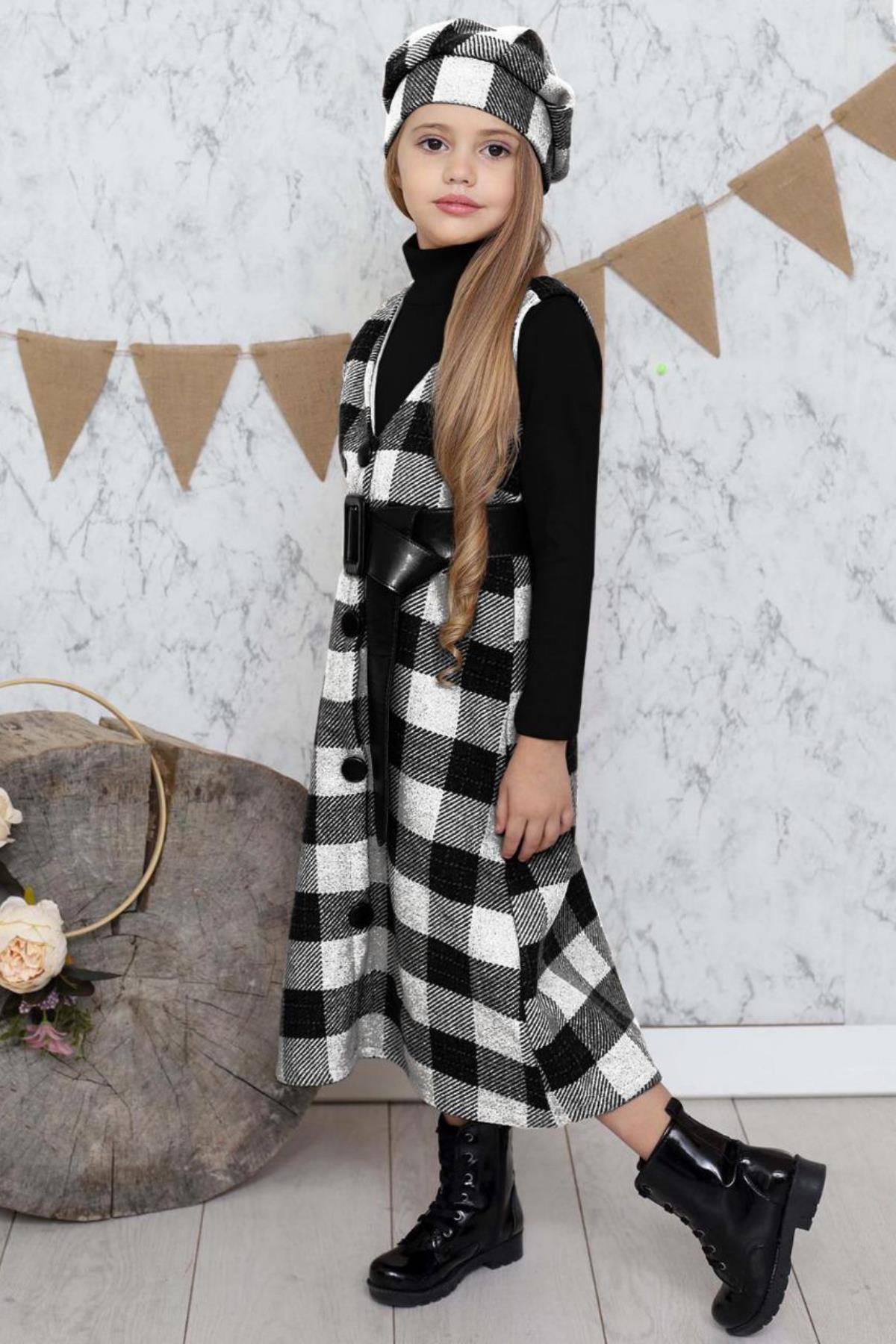 

Черное платье каше с рисунком в клетку для девочек, берет с пуговицами и поясом