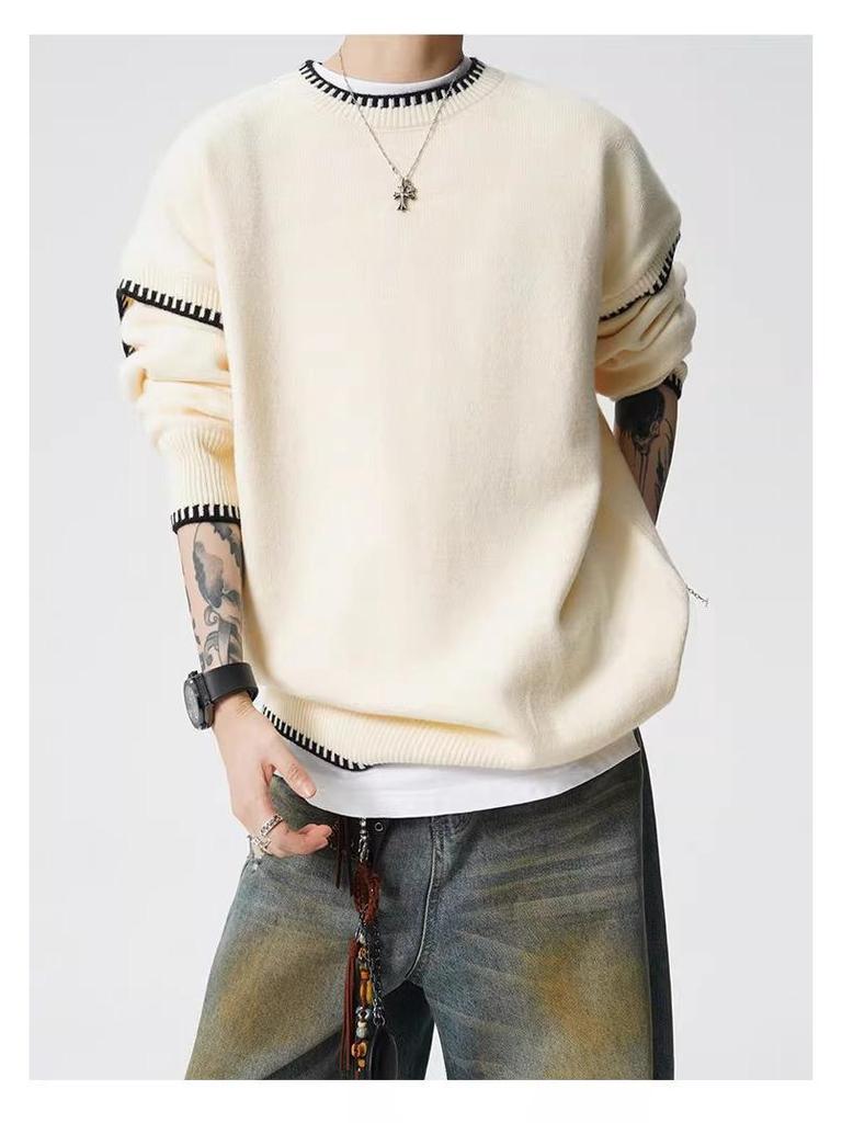 Men's Trendy Hand-Stitched High-End Knit Sweater with Contrasting Colors - Versatile and Stylish Base Layer