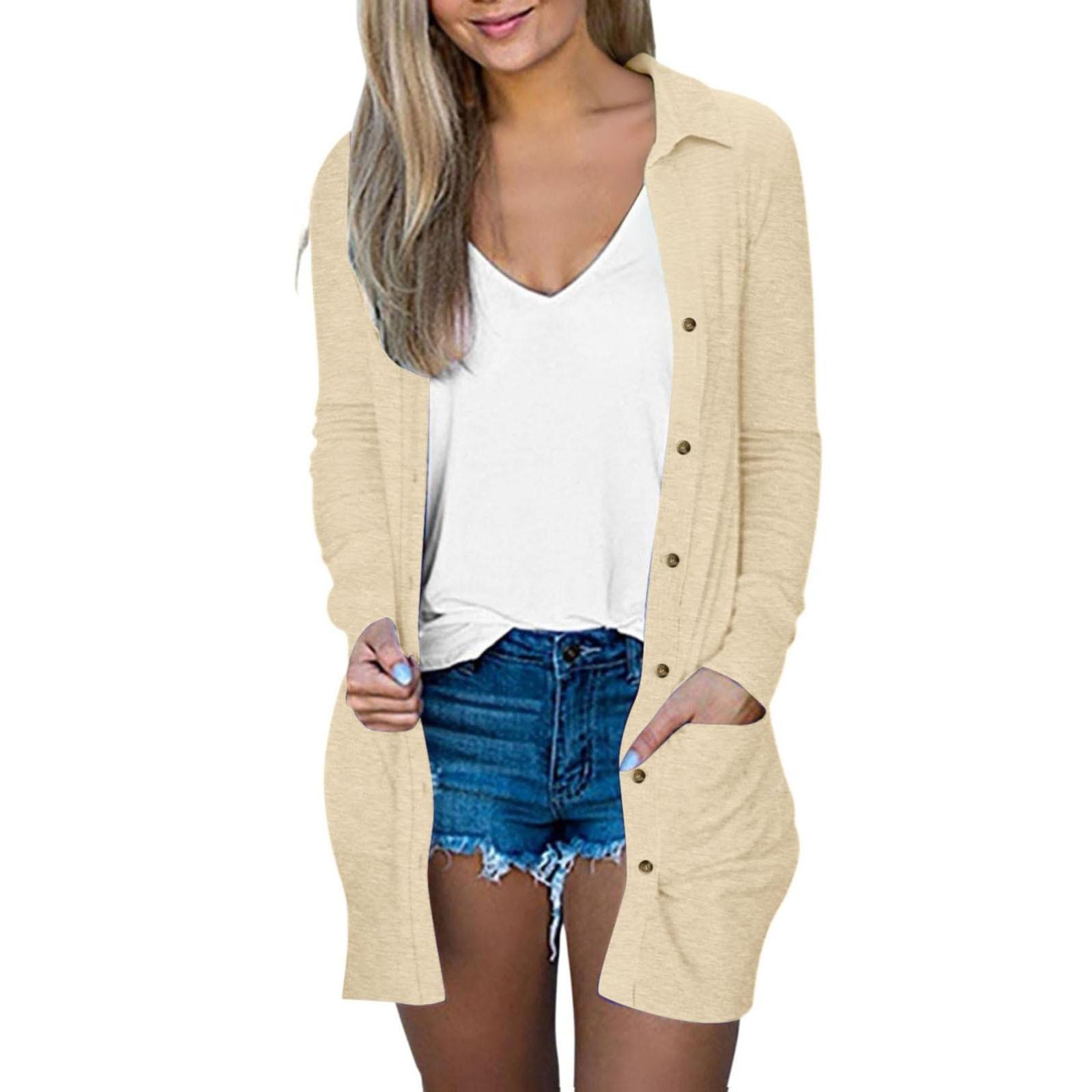 

Women s Fashion Cardigan Lightweight Long Sleeve Button Loose With Pocket Solid Color Jacket L бежевий