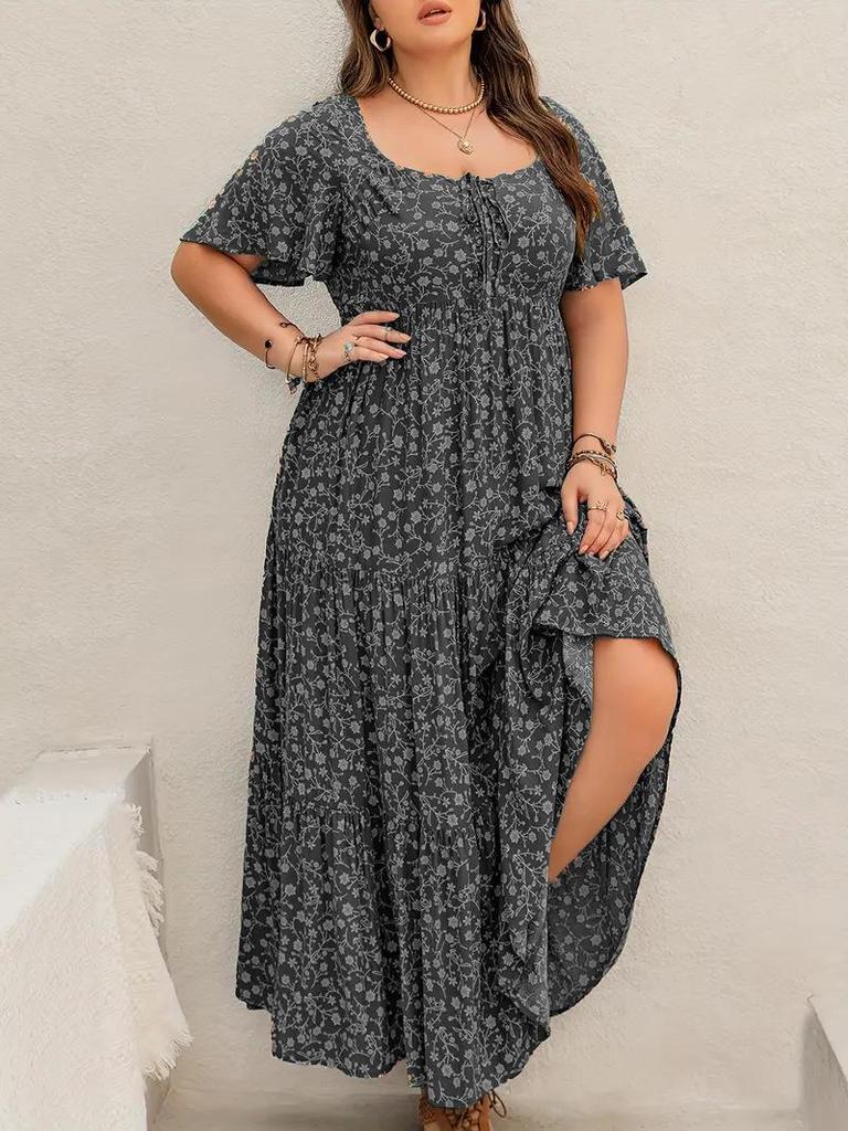 Bohemian Floral Plus Size Short Sleeve Maxi Dress