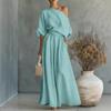 Women's Cotton Linen 2 Piece Sets Casual One Shoulder Half Sleeve Top And Wide Leg Pants Summer Vacation Lounge Outfits