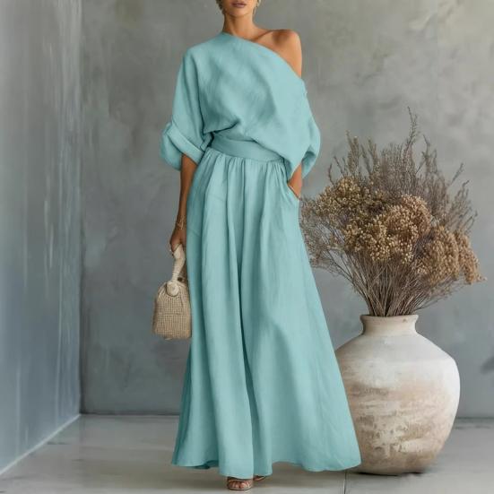 Women's Cotton Linen 2 Piece Sets Casual One Shoulder Half Sleeve Top And Wide Leg Pants Summer Vacation Lounge Outfits
