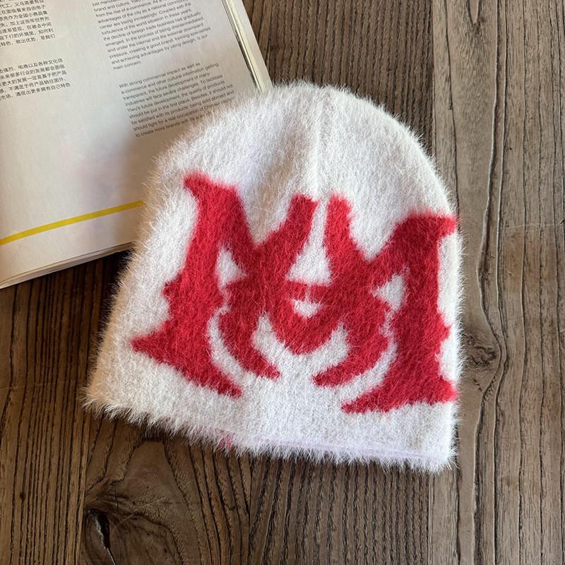 Fashionable Street Style Jacquard Faux Mink Plush Neutral Knitted Hat Winter For