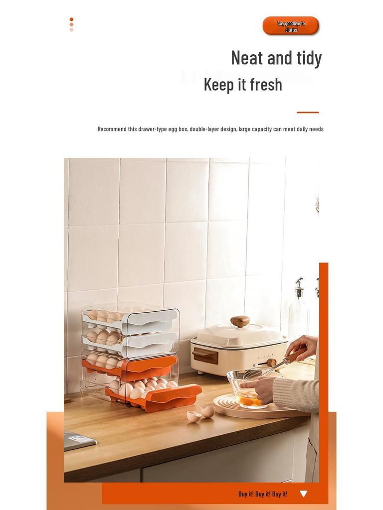 Double-Layer Drawer Egg Storage Box - 32 Grid Stackable Container