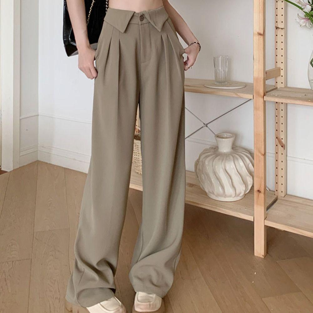 Loose Casual Pants Women Workout Trousers Wide Leg Pants Retro Flip Up Suit Pants  Female