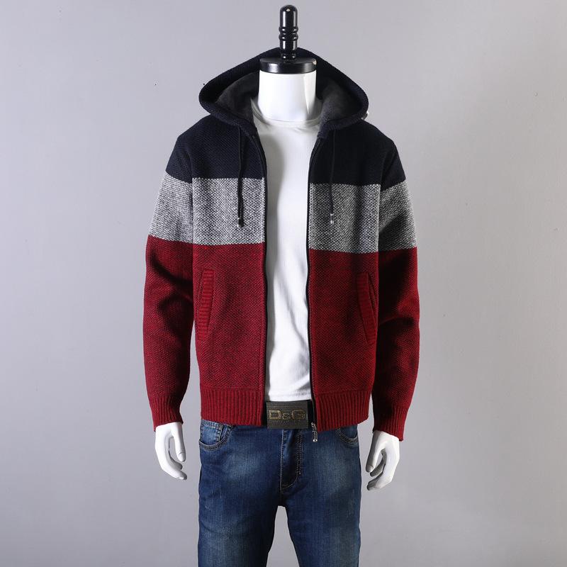 Men's Fall and Winter Hooded Sweater Patchwork Knitted Jacket Windproof Warm Knitted Jacket