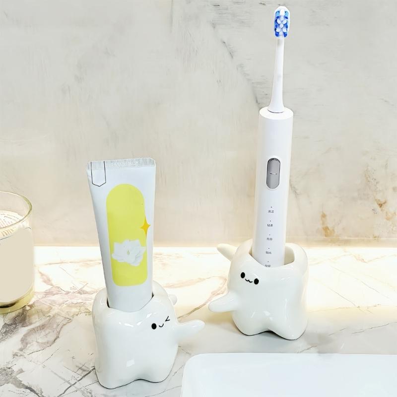 Tooth Shape Ceramic Toothbrush Toothpaste Holder for Home and Bathroom Countertop Tooth Decoration